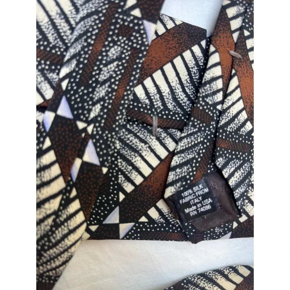 MBP Mens Silk Tie Geometric Abstract Pattern Brown‎ Black Ivory Vintage